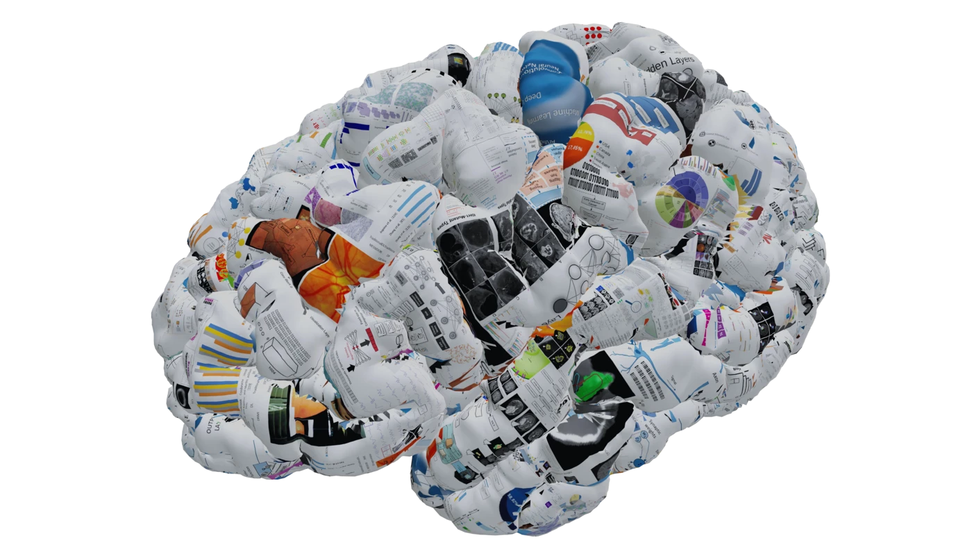 Brain collage assembled from medical images and machine-learning figures