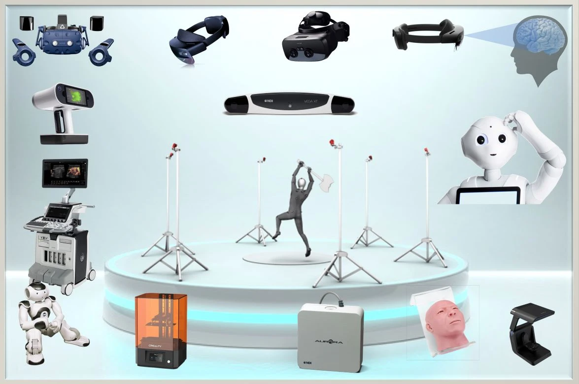 Equipment of the smartXR Lab — VR and AR headsets, 3D scanners and printers, tracking systems, an ultrasound system and phantoms