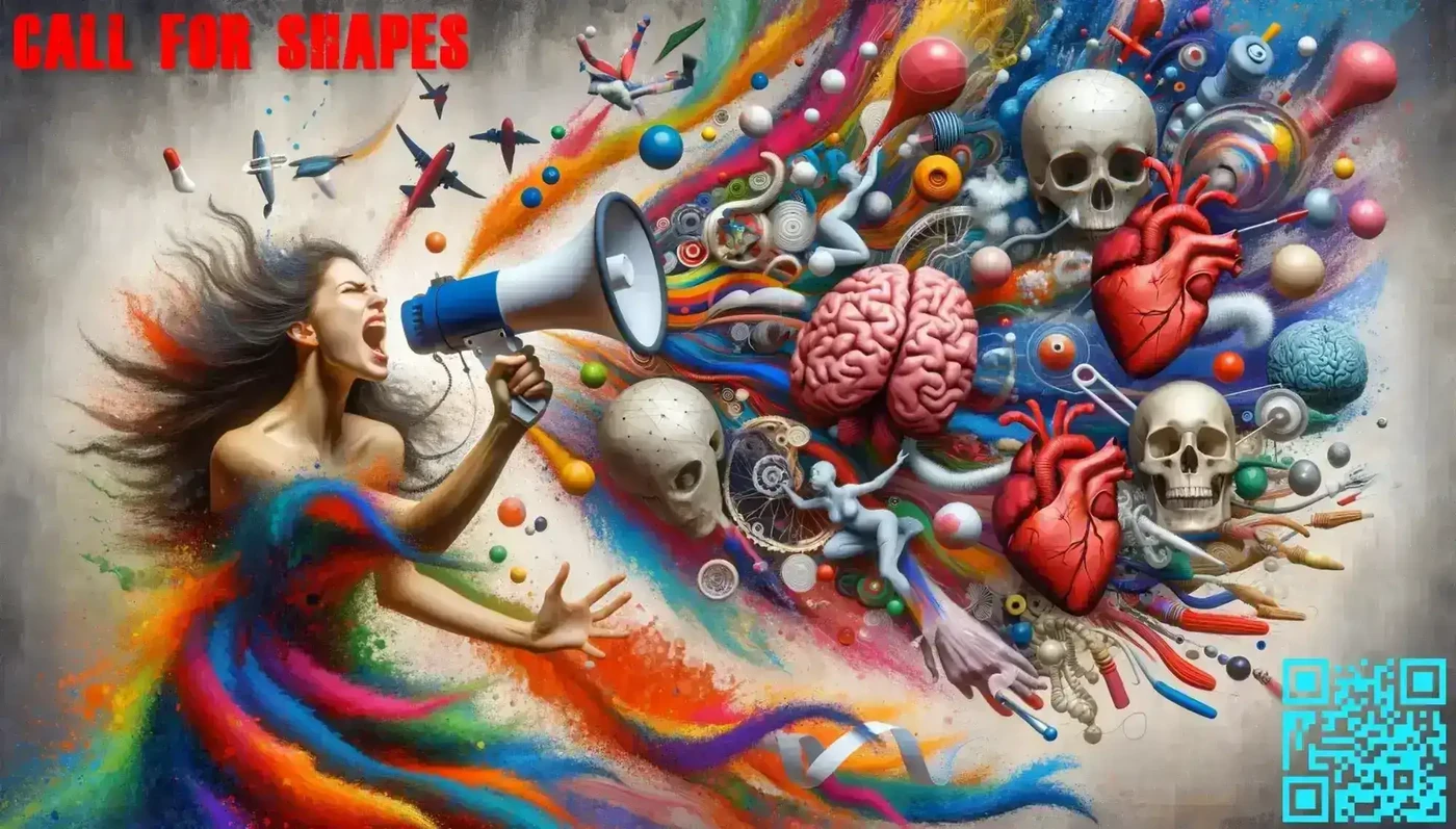 Call for shapes — a person shouting into a megaphone, with anatomical models and surgical instruments streaming out of it in colourful trails
