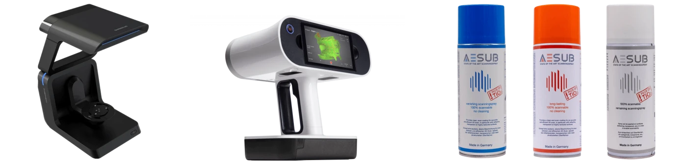 From left to right: AutoScan Inspec, Artec Leo and 3D scanning spray from AESUB