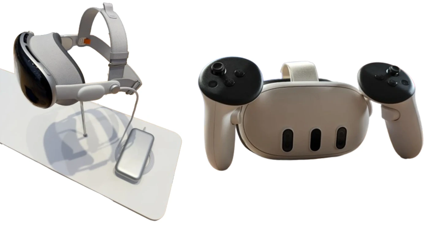 An Apple Vision Pro headset with its battery pack next to a Meta Quest 3 headset with its two controllers