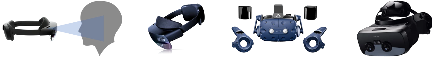 From left to right: a HL2 visualizing the insides of the patient, the HL2, HTC VIVE Pro 2 and the Varjo XR-3