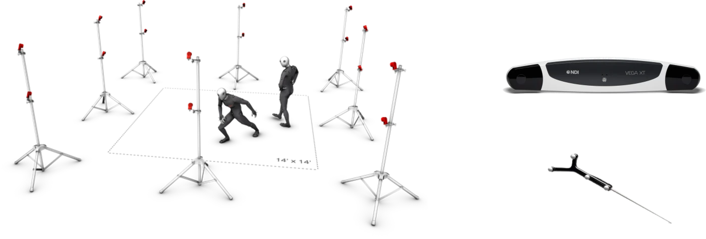 OptiTrack system on the left, on the right a trackable surgical instrument and the NDI Polaris Vega