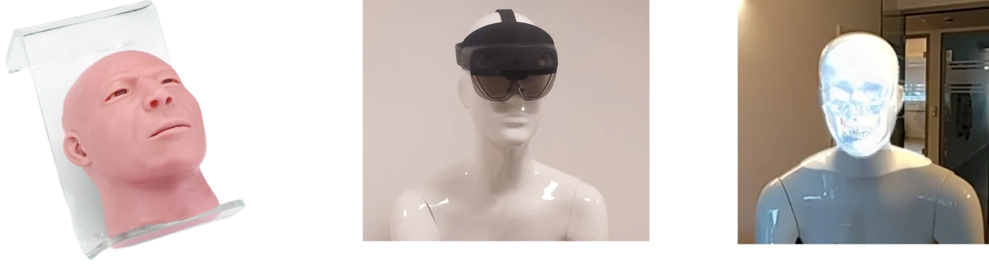 Our surgical simulator phantom on the left, in the middle Mr. White with the HL2, on the right an AR-enriched Mr. White