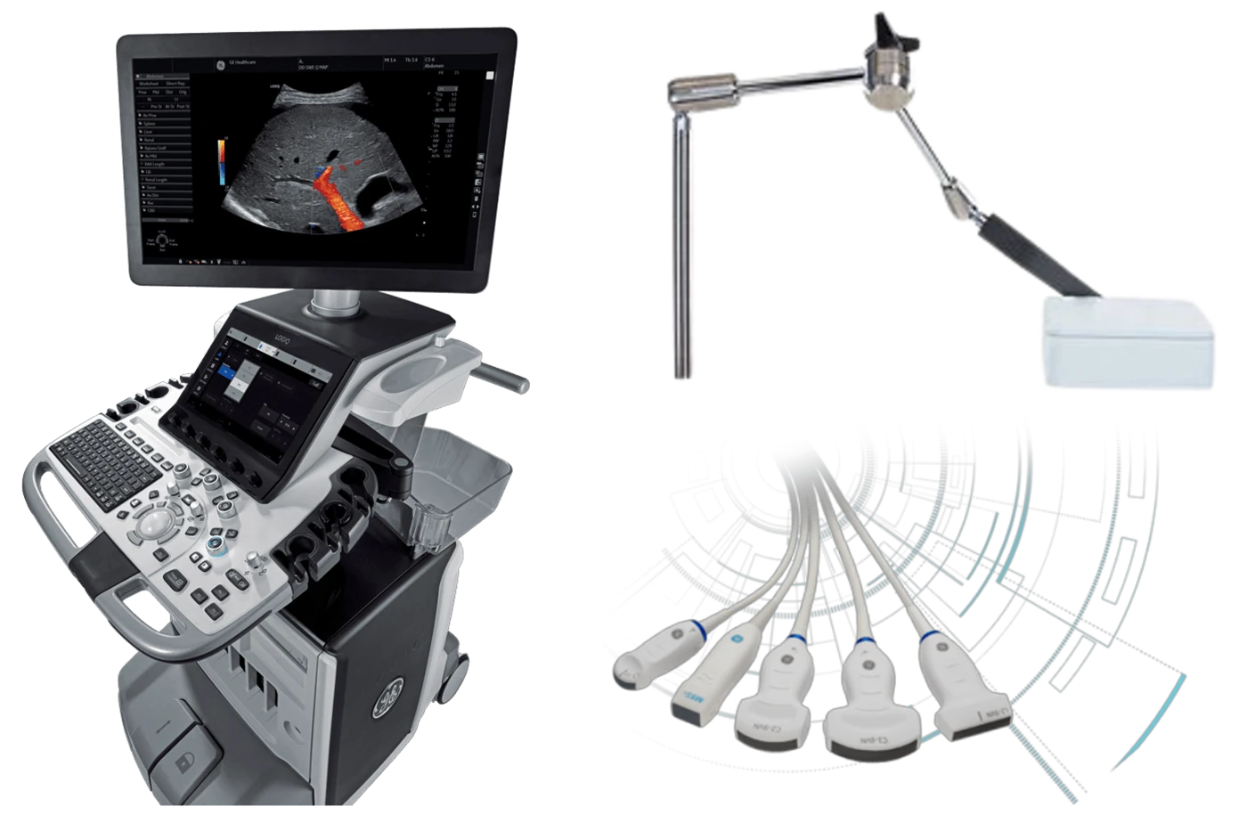 The Logiq E10 with color doppler to visualize blood flow in the portal vein on the left, on the right the electromagnetic field generator at the top and an overview of ultrasound probes on the bottom