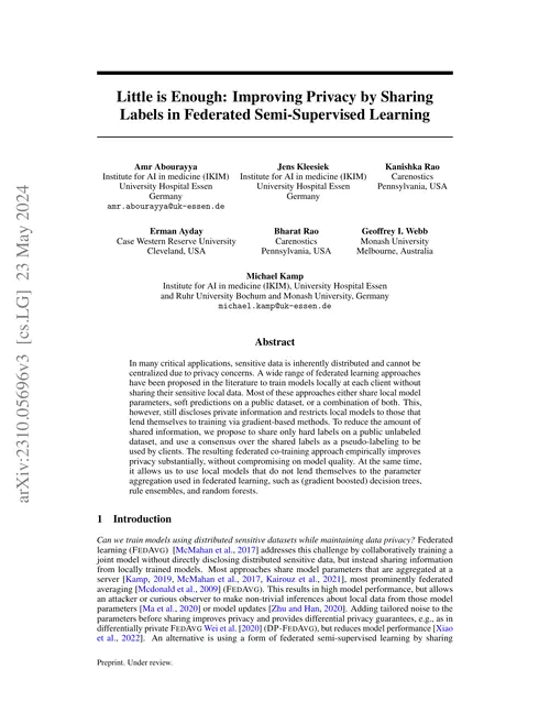 Little is Enough: Improving Privacy by Sharing Labels in Federated Semi-Supervised Learning