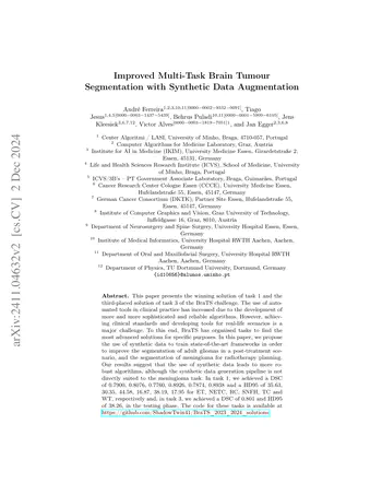 Improved Multi-Task Brain Tumour Segmentation with Synthetic Data Augmentation