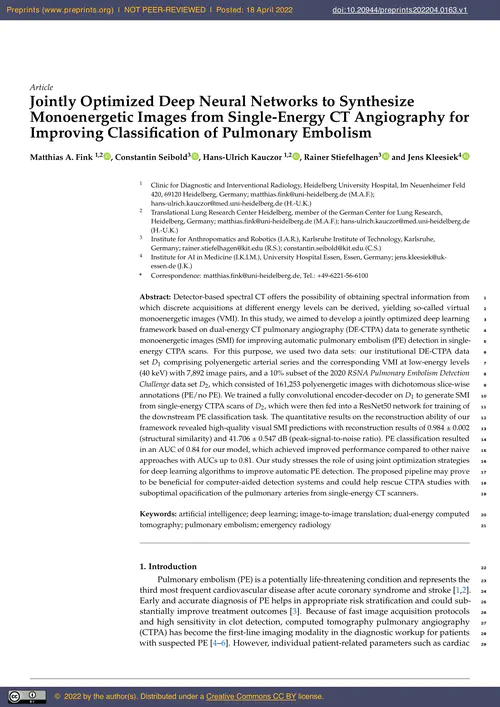 Jointly Optimized Deep Neural Networks to Synthesize Monoenergetic Images from Single-Energy CT Angiography for Improving Classification of Pulmonary Embolism