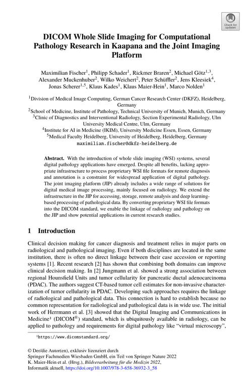 DICOM Whole Slide Imaging for Computational Pathology Research in Kaapana and the Joint Imaging Platform