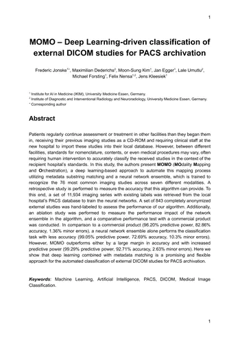 MOMO--Deep Learning-driven classification of external DICOM studies for PACS archivation