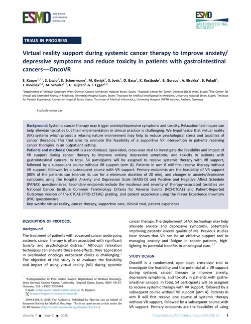 Virtual reality support during systemic cancer therapy to improve anxiety/depressive symptoms and reduce toxicity in patients with gastrointestinal cancers—OncoVR