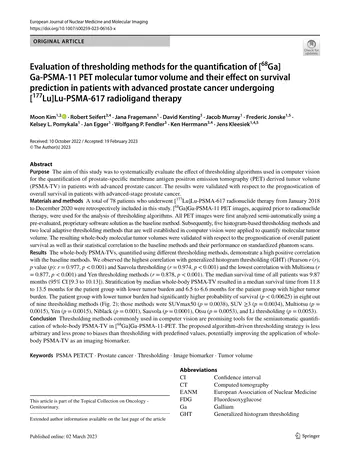Evaluation of thresholding methods for the quantifcation of 68Ga‑PSMA‑11 PET molecular tumor volume and their efect on survival prediction in patients with advanced prostate cancer undergoing 177Lu‑PSMA‑617 radioligand therapy