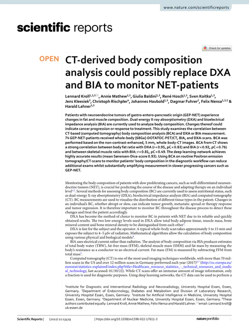CT-derived body composition analysis could possibly replace DXA and BIA to monitor NET-patients