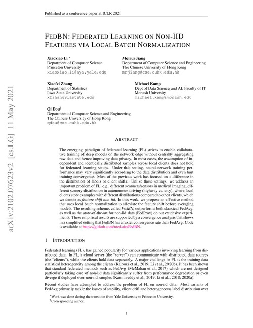 FedBN: Federated Learning on Non-IID Features via Local Batch Normalization