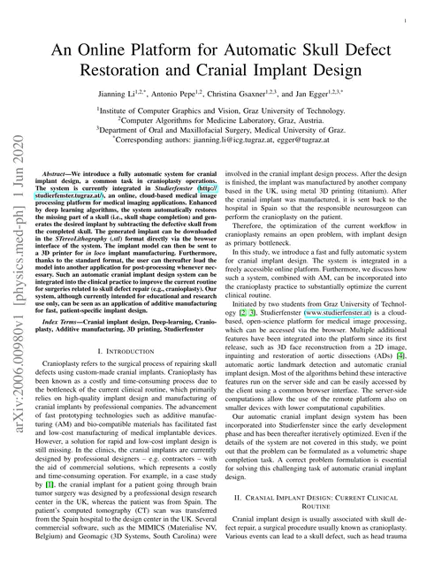 An online platform for automatic skull defect restoration and cranial implant design