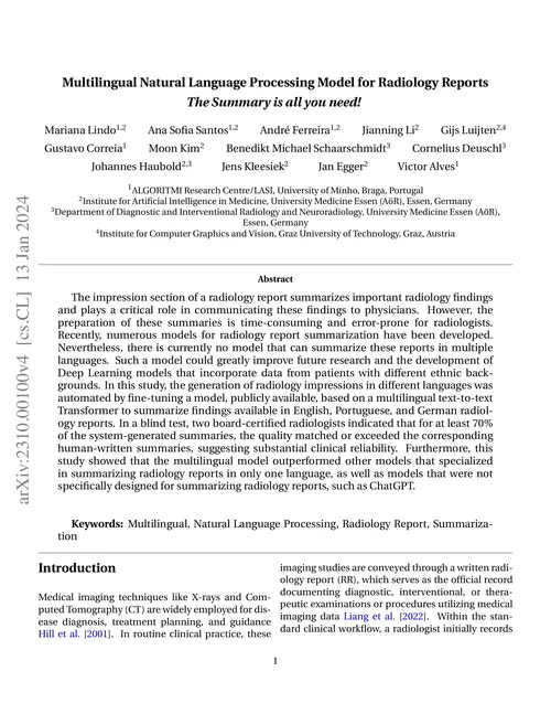 Multilingual Natural Language Processing Model for Radiology Reports -- The Summary is all you need!