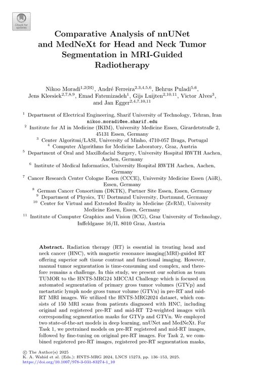 Comparative Analysis of nnUNet and MedNeXt for Head and Neck Tumor Segmentation in MRI-Guided Radiotherapy