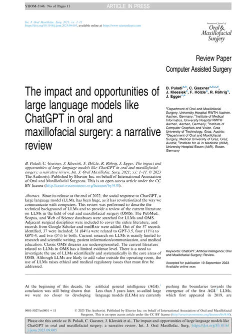 The impact and opportunities of large language models like ChatGPT in oral and maxillofacial surgery: a narrative review