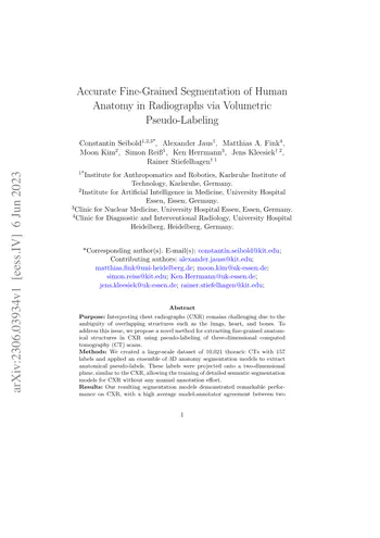 Accurate Fine-Grained Segmentation of Human Anatomy in Radiographs via Volumetric Pseudo-Labeling