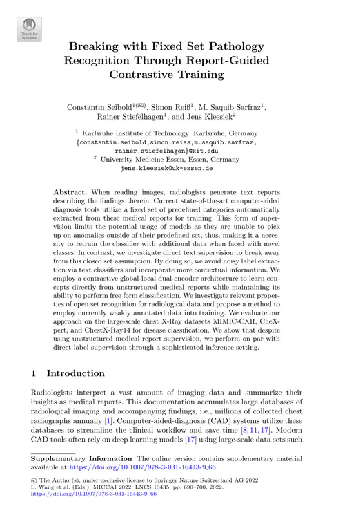 Breaking with Fixed Set Pathology Recognition Through Report-Guided Contrastive Training