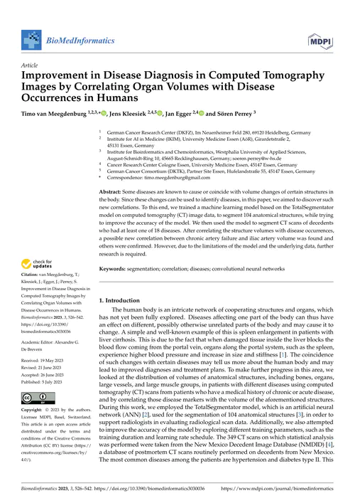 Improvement in Disease Diagnosis in Computed Tomography Images by Correlating Organ Volumes with Disease Occurrences in Humans