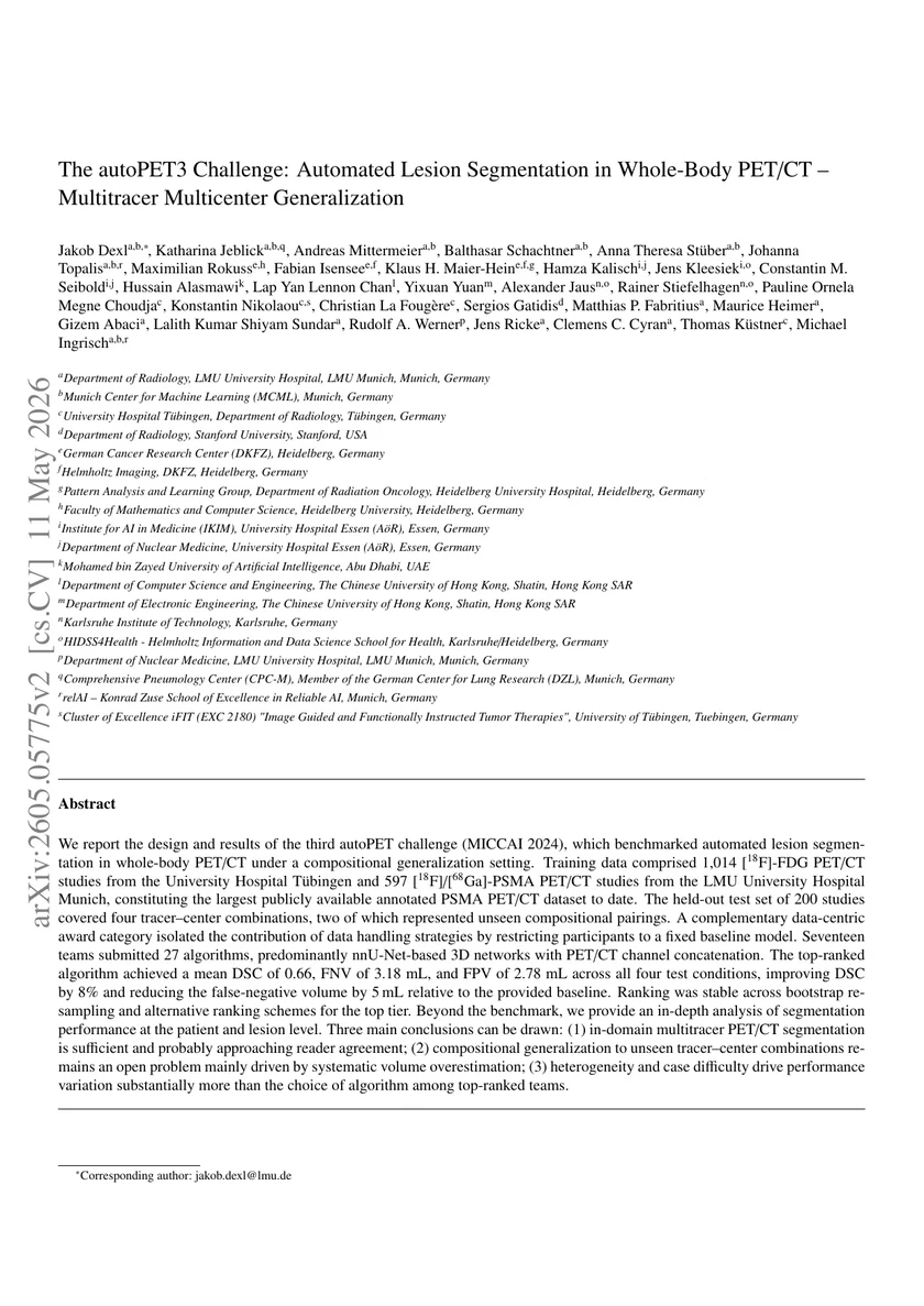 The autoPET3 Challenge: Automated Lesion Segmentation in Whole-Body PET/CT – Multitracer Multicenter Generalization