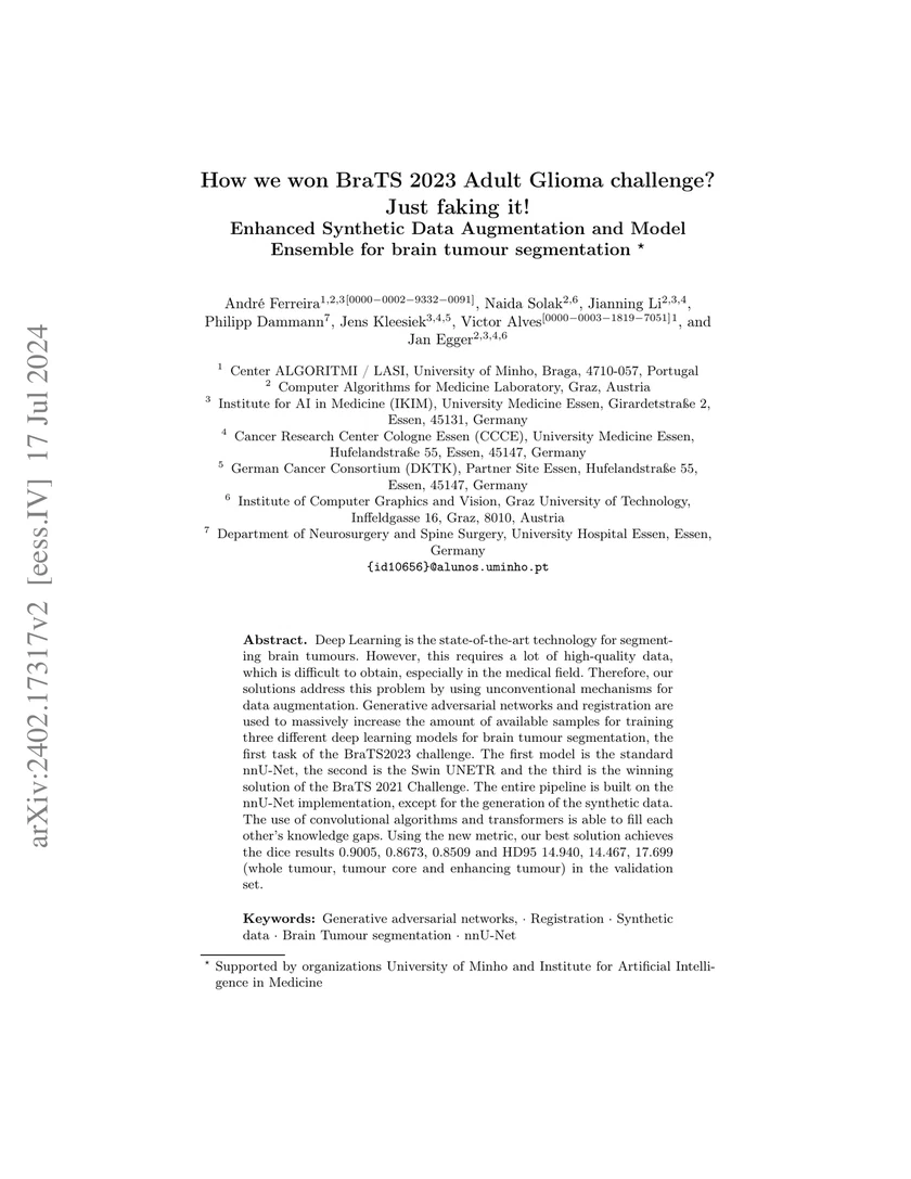 How we won BraTS 2023 Adult Glioma challenge? Just faking it! Enhanced Synthetic Data Augmentation and Model Ensemble for brain tumour segmentation