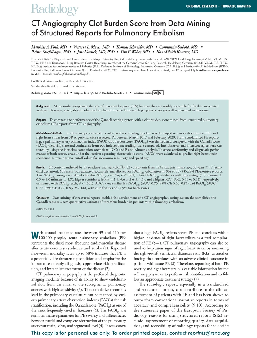 CT Angiography Clot Burden Score from Data Mining of Structured Reports for Pulmonary Embolism