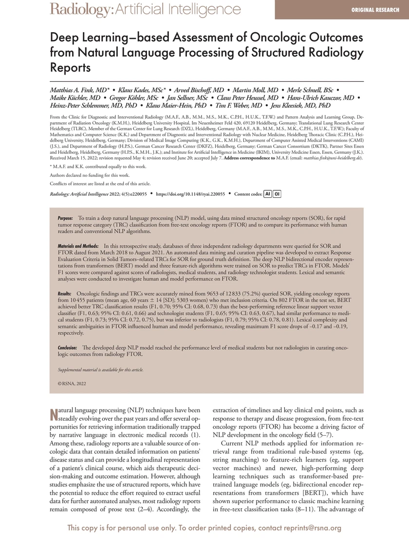 Deep Learning–based Assessment of Oncologic Outcomes from                     Natural Language Processing of Structured Radiology Reports