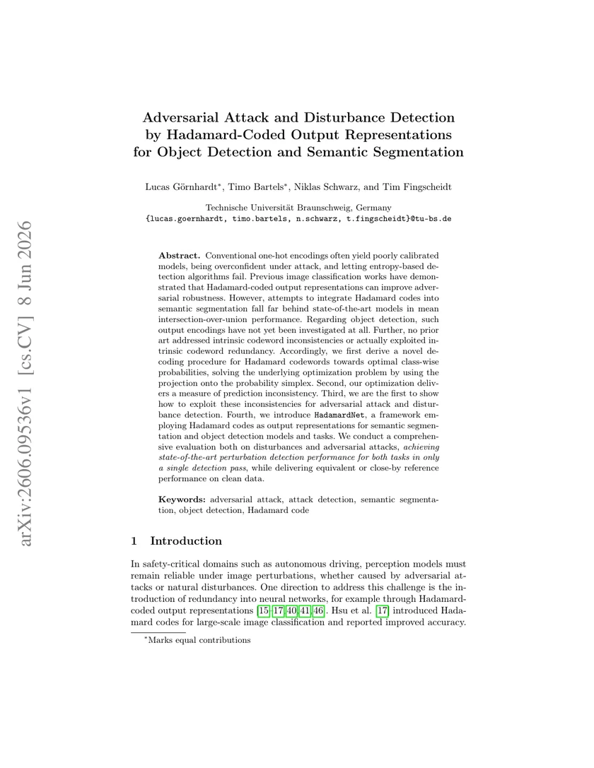 Adversarial Attack and Disturbance Detection by Hadamard-Coded Output Representations for Object Detection and Semantic Segmentation