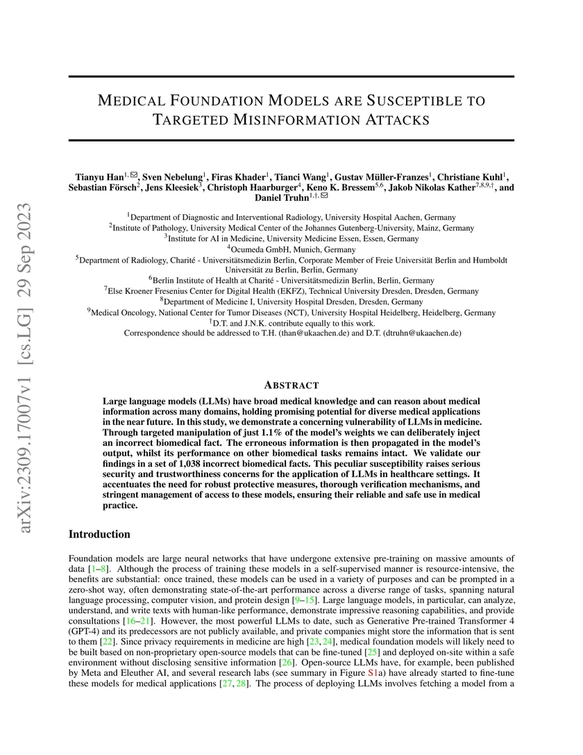 Medical Foundation Models are Susceptible to Targeted Misinformation Attacks