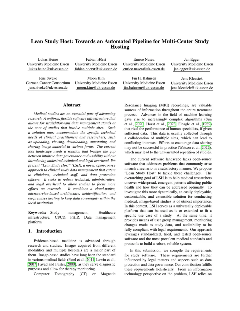 Lean Study Host: Towards an Automated Pipeline for Multi-Center Study Hosting