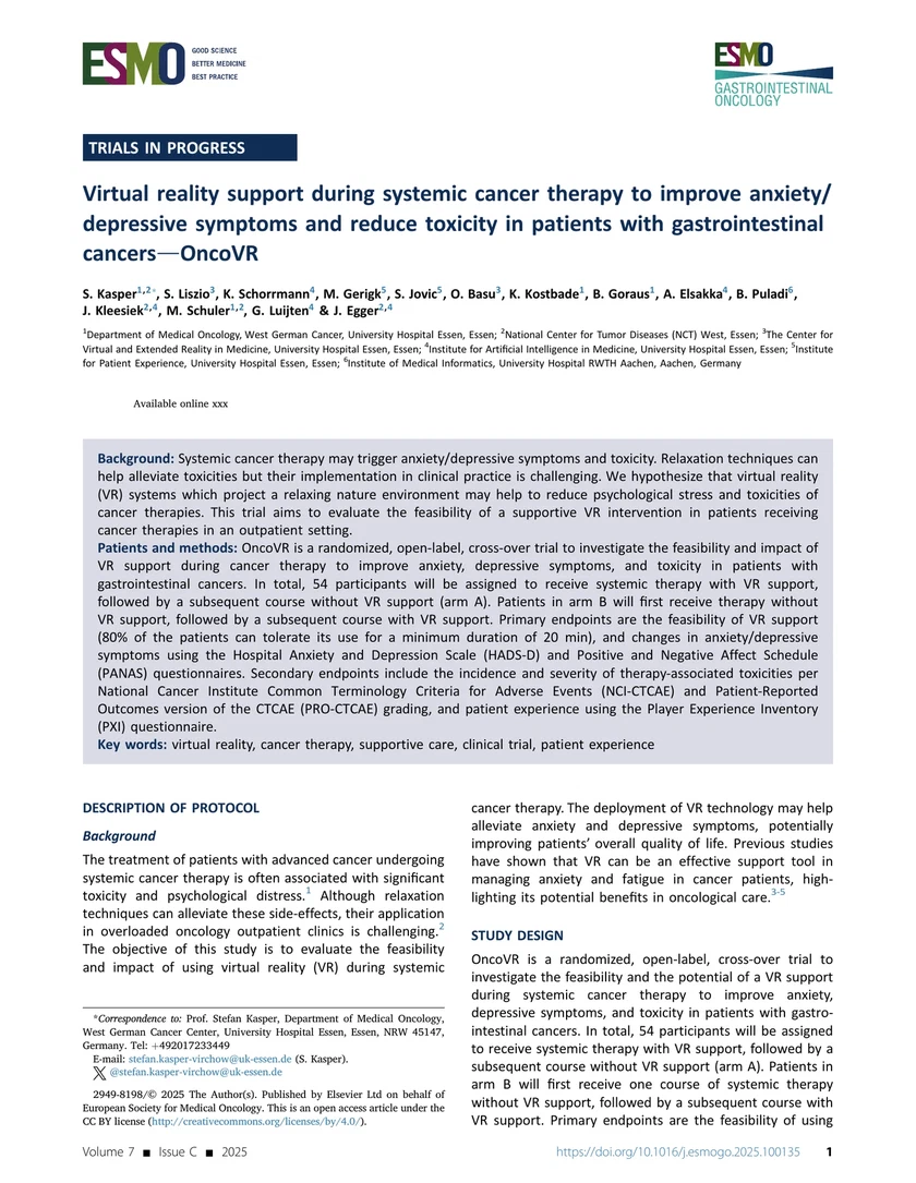 Virtual reality support during systemic cancer therapy to improve anxiety/depressive symptoms and reduce toxicity in patients with gastrointestinal cancers—OncoVR