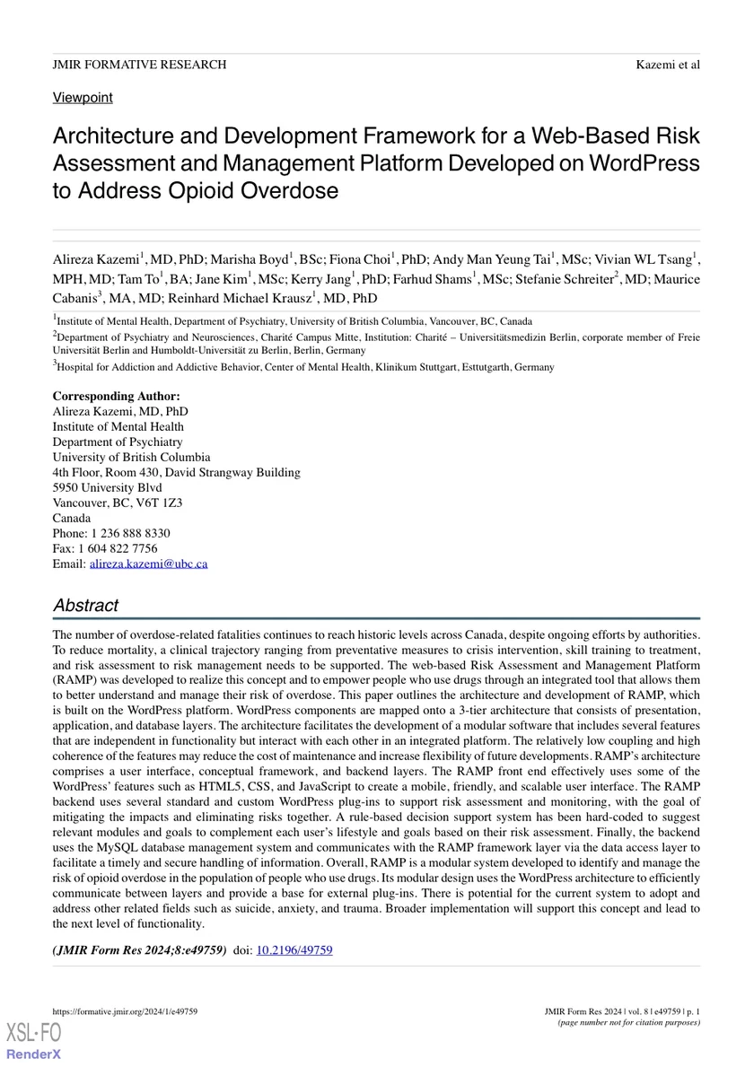 Architecture and Development Framework for a Web-Based Risk Assessment and Management Platform Developed on WordPress to Address Opioid Overdose
