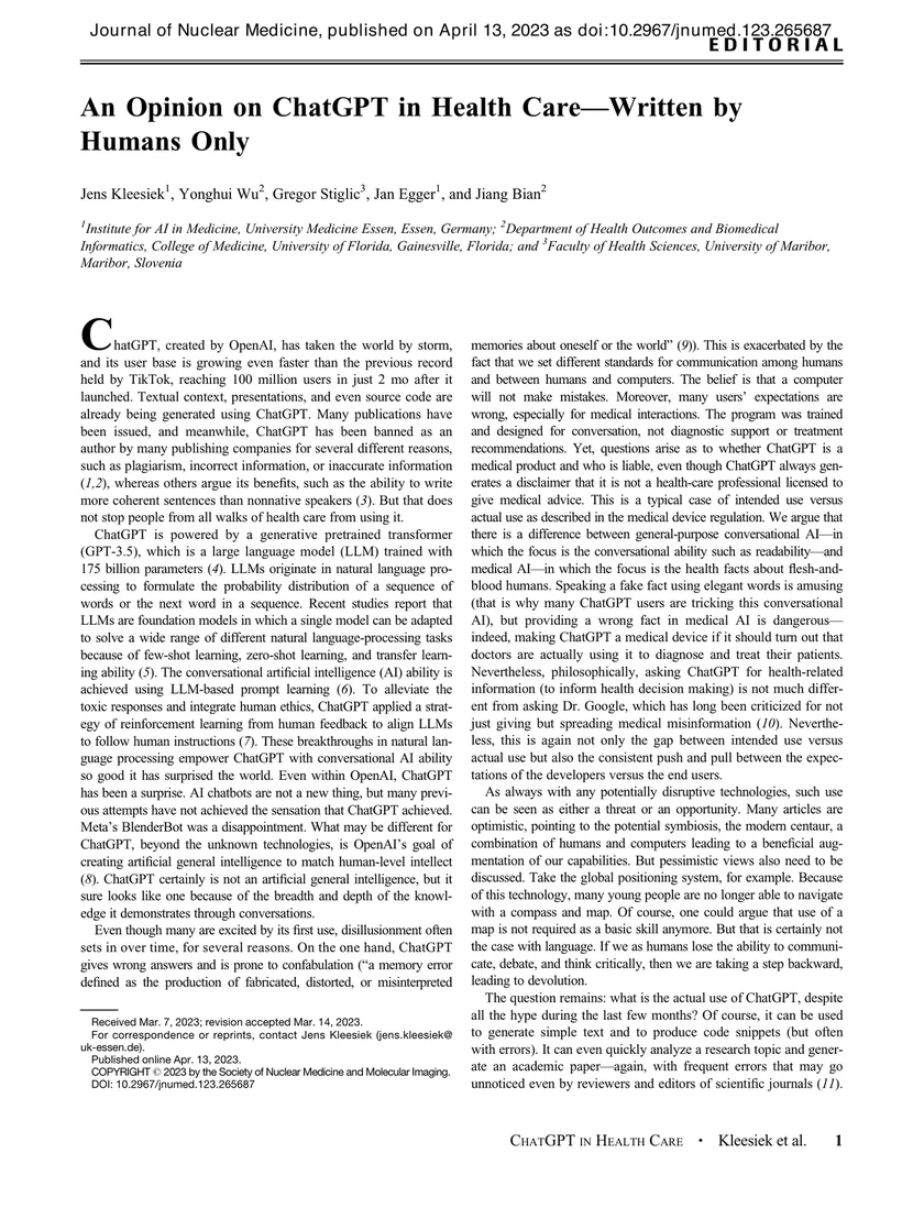 An Opinion on ChatGPT in Health Care—Written by Humans Only
