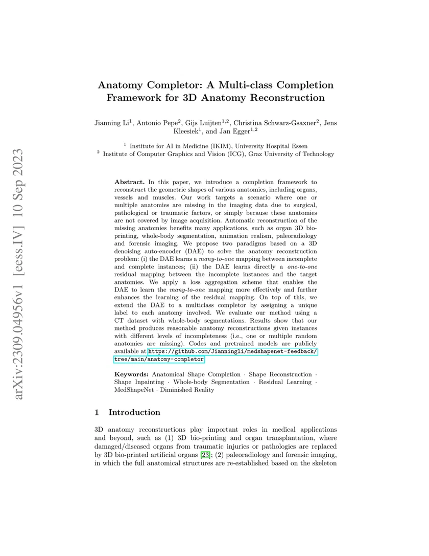 Anatomy Completor: A Multi-class Completion Framework for 3D Anatomy Reconstruction