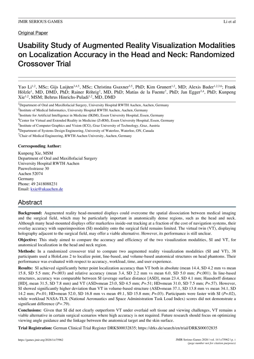 Usability Study of Augmented Reality Visualization Modalities on Localization Accuracy in the Head and Neck: Randomized Crossover Trial