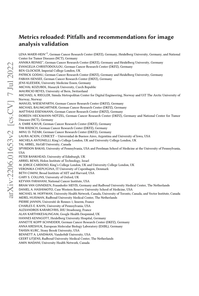 Metrics reloaded: Pitfalls and recommendations for image analysis validation