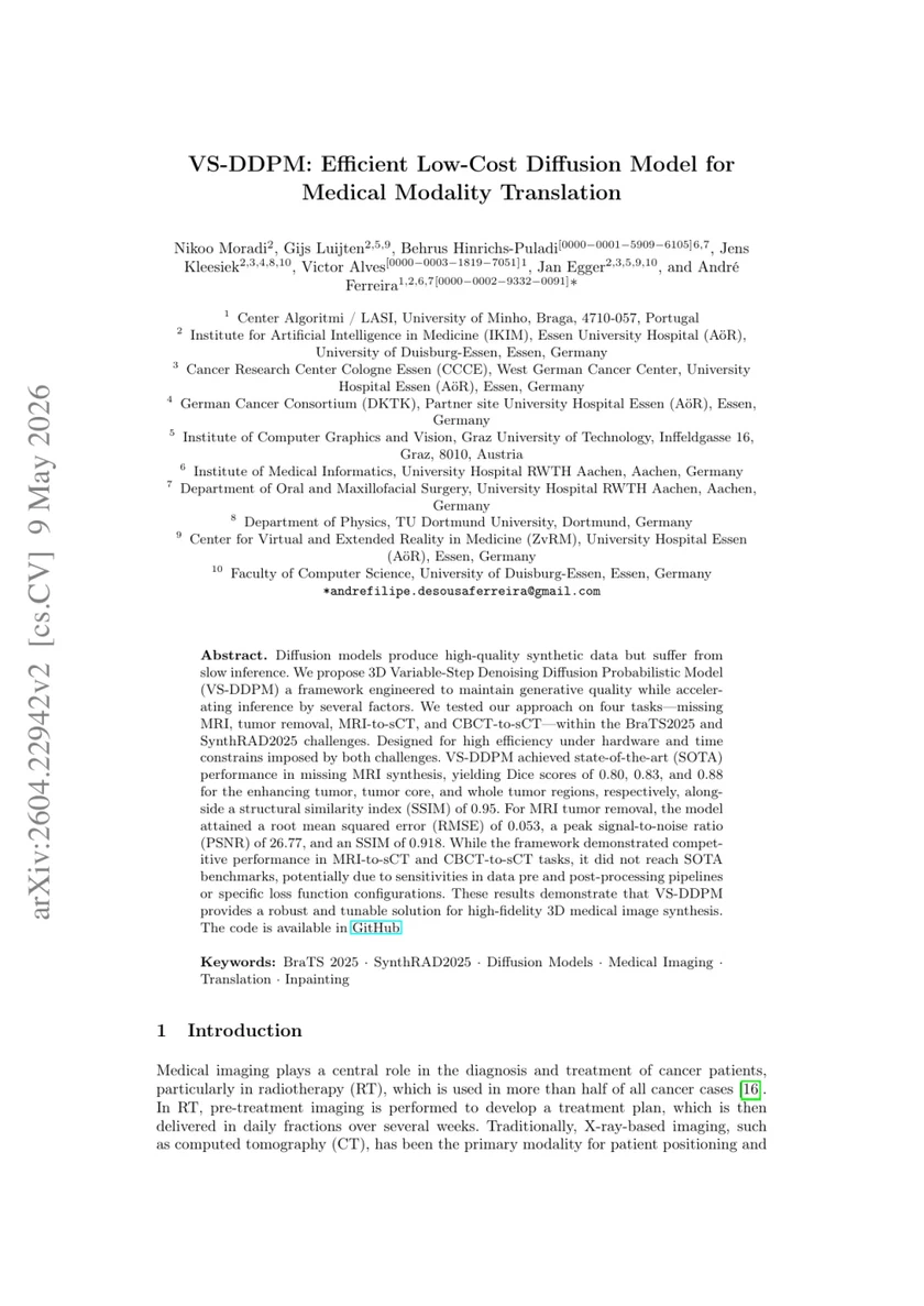 VS-DDPM: Efficient Low-Cost Diffusion Model for Medical Modality Translation