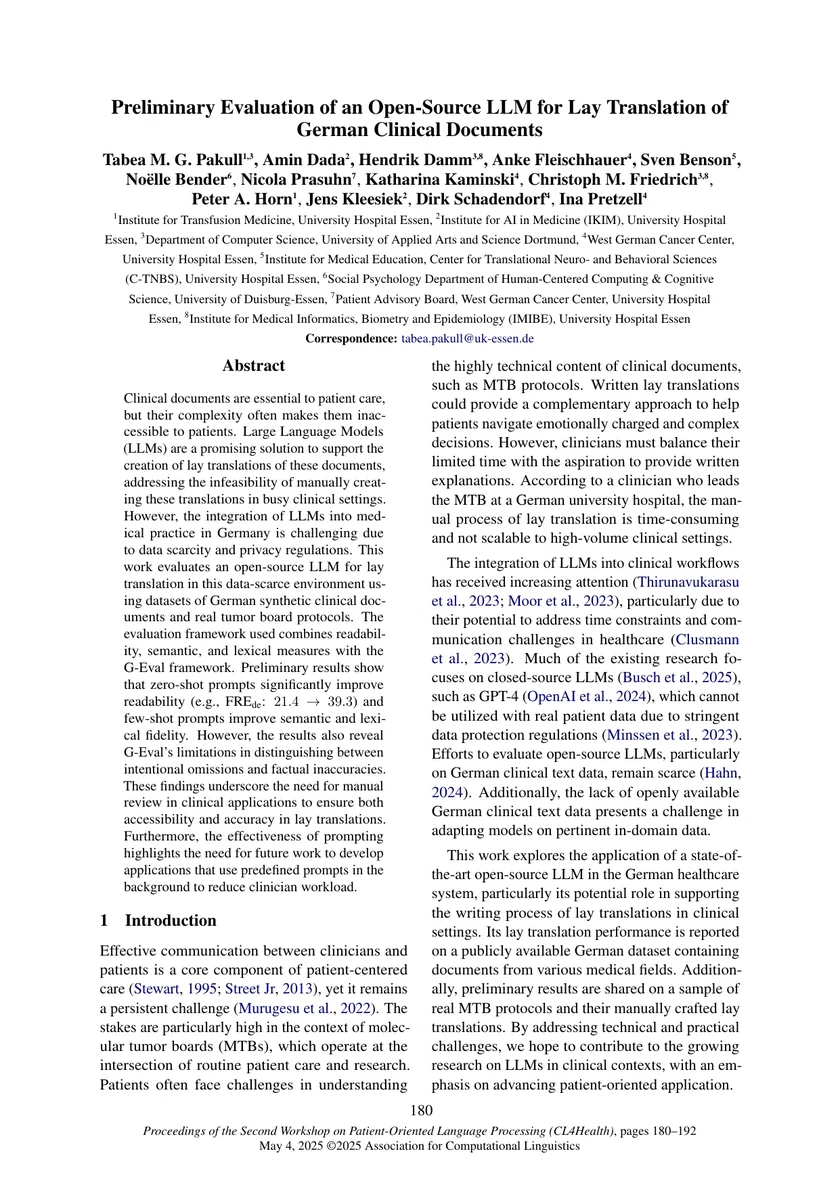 Preliminary Evaluation of an Open-Source LLM for Lay Translation of German Clinical Documents