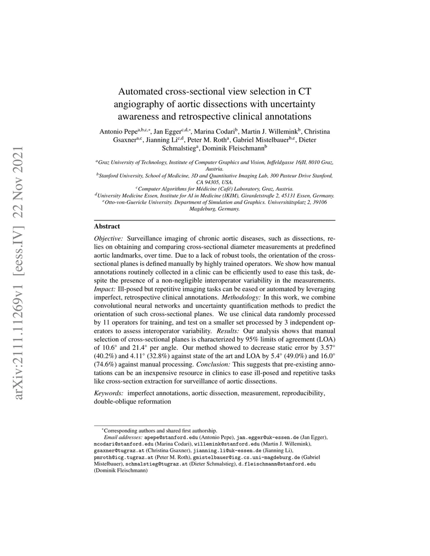 Automated cross-sectional view selection in CT angiography of aortic dissections with uncertainty awareness and retrospective clinical annotations