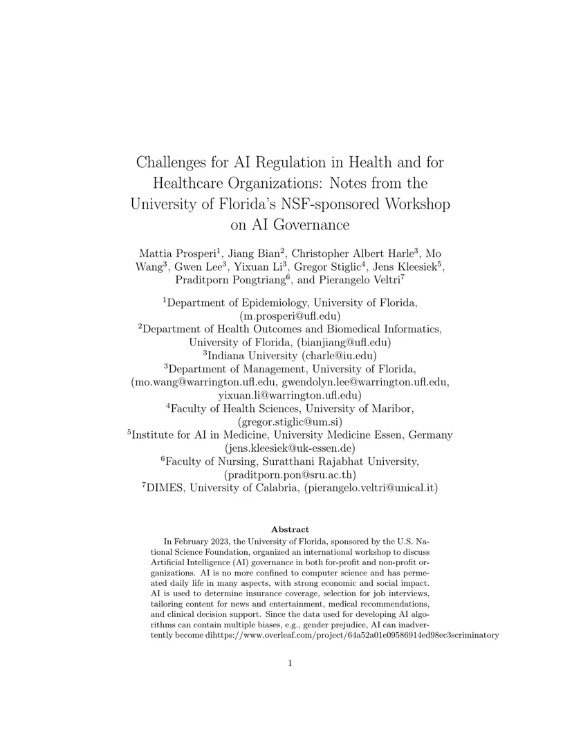 Challenges for AI Regulation in Health and for Healthcare Organizations: Notes from the University of Florida's NSF-Sponsored Workshop on AI Governance