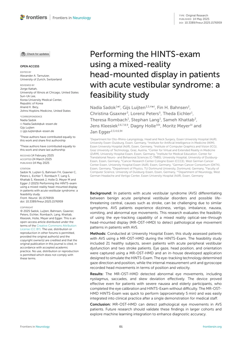 Performing the HINTS-exam using a mixed-reality head-mounted display in patients with acute vestibular syndrome: a feasibility study