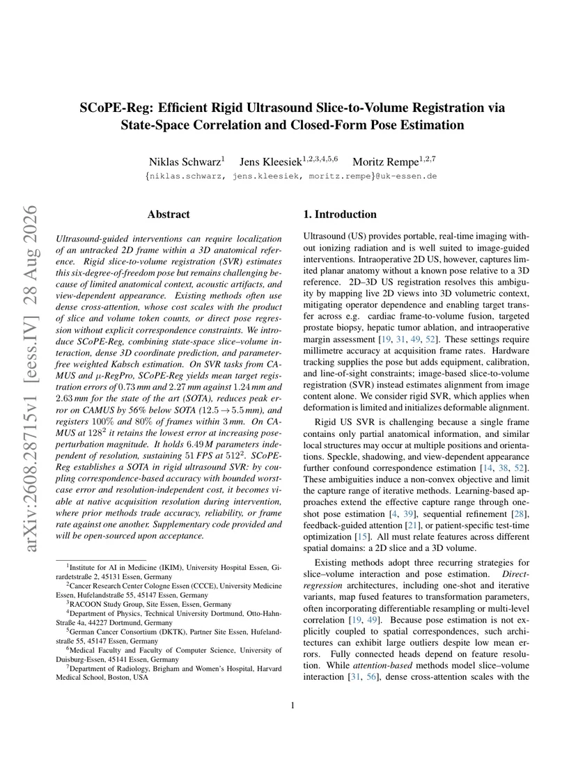 SCoPE-Reg: Efficient Rigid Ultrasound Slice-to-Volume Registration via State-Space Correlation and Closed-Form Pose Estimation