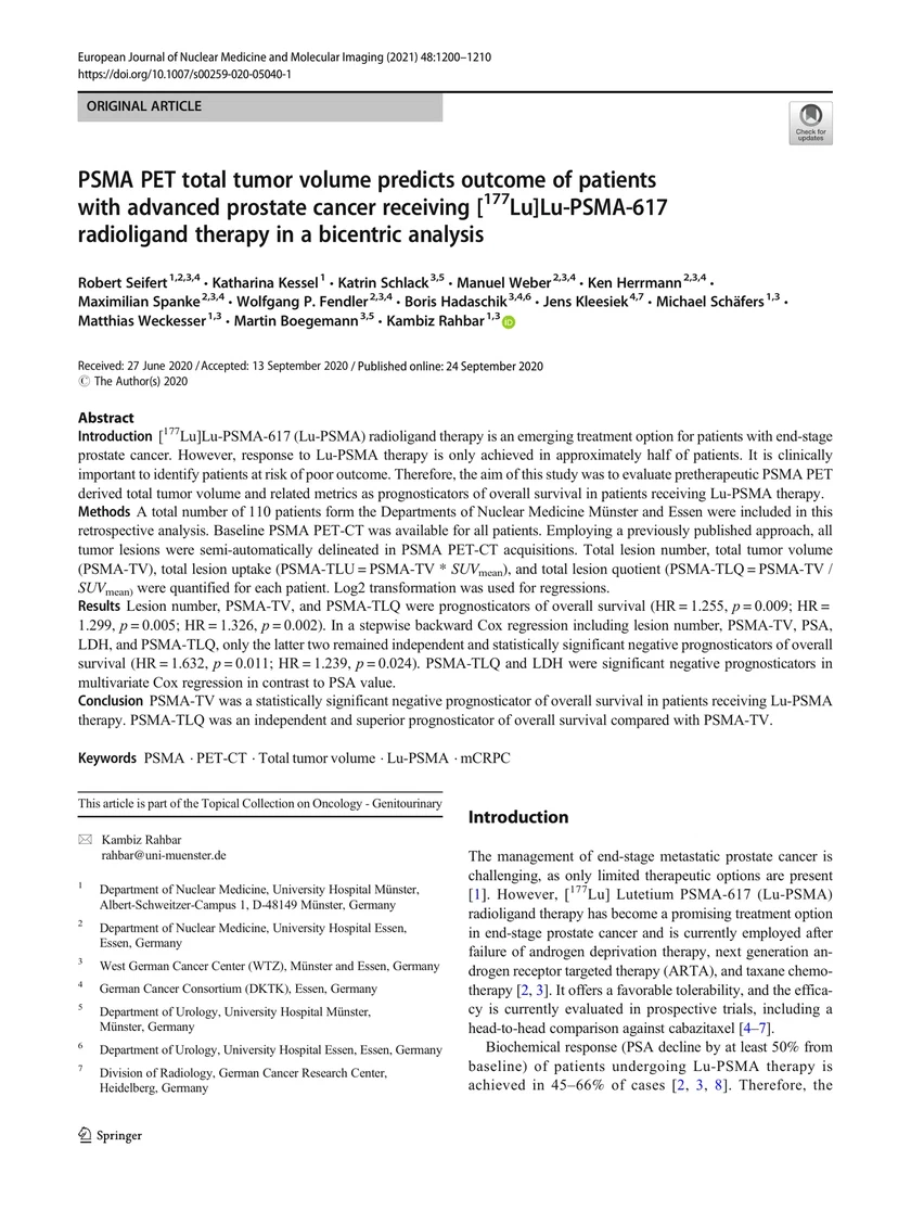 PSMA PET total tumor volume predicts outcome of patients with advanced prostate cancer receiving [177Lu]Lu-PSMA-617 radioligand therapy in a bicentric analysis