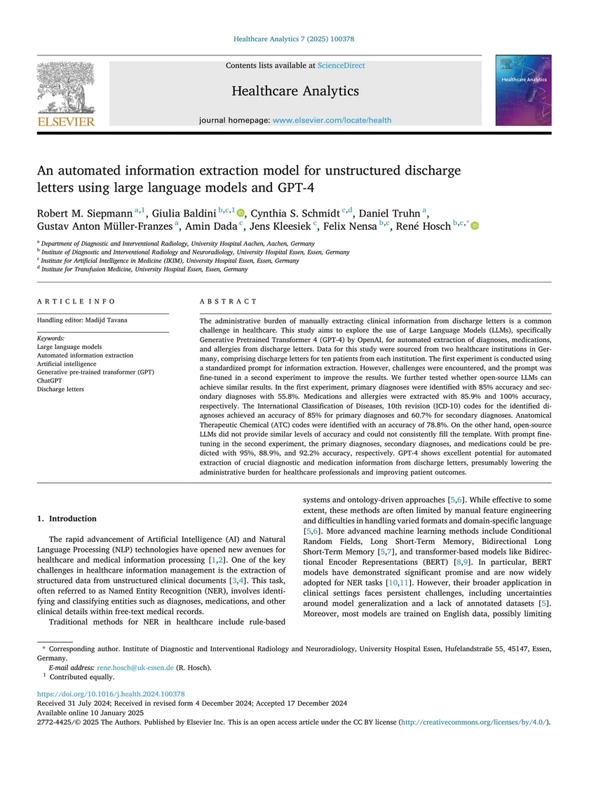 An automated information extraction model for unstructured discharge letters using large language models and GPT-4