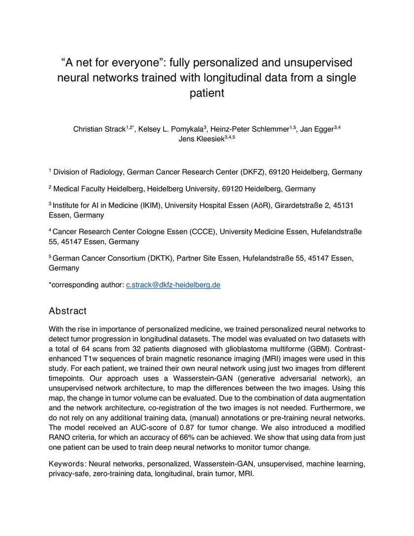 'A net for everyone': fully personalized and unsupervised neural networks trained with longitudinal data from a single patient