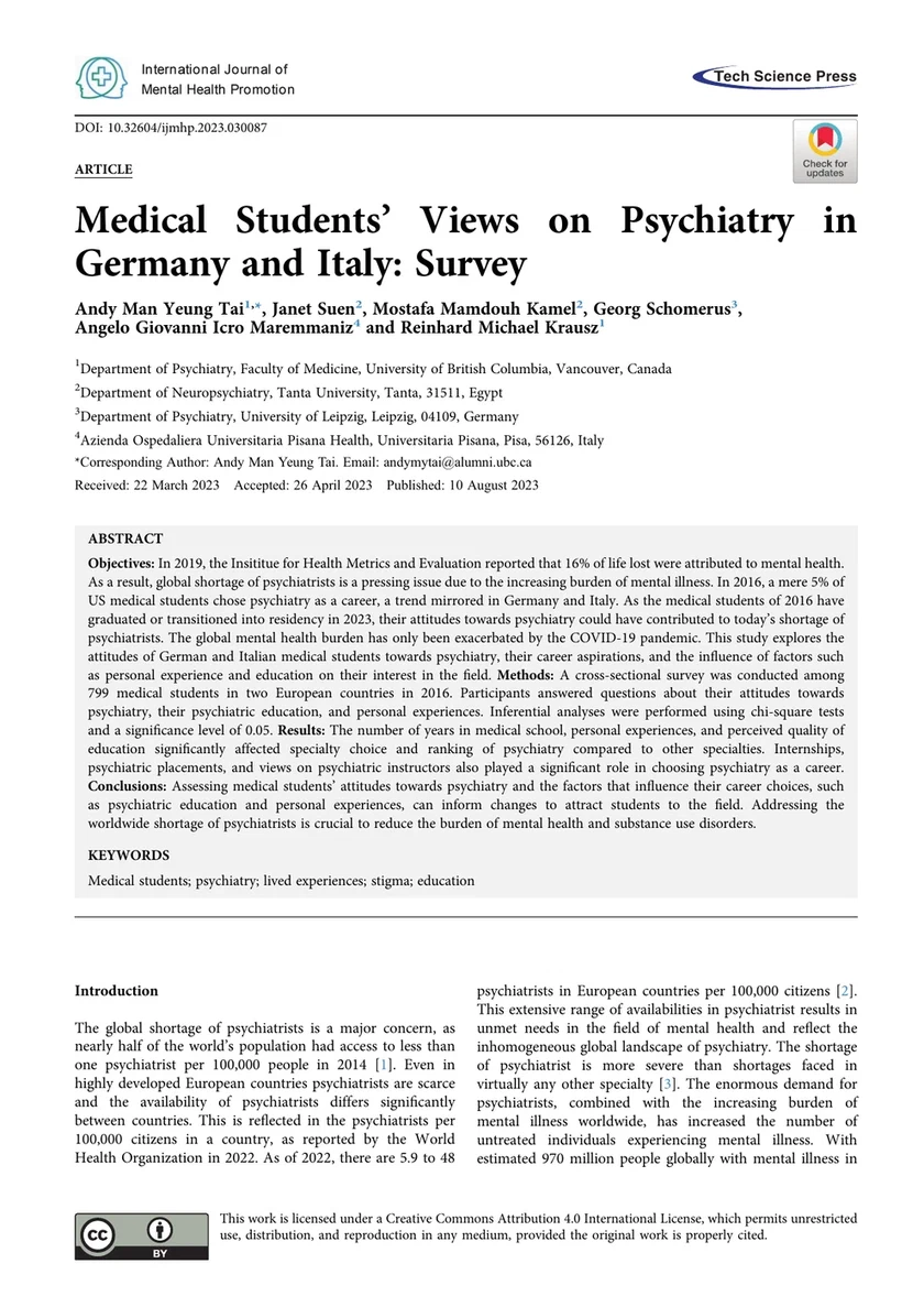 Medical Students’ Views on Psychiatry in Germany and Italy: Survey