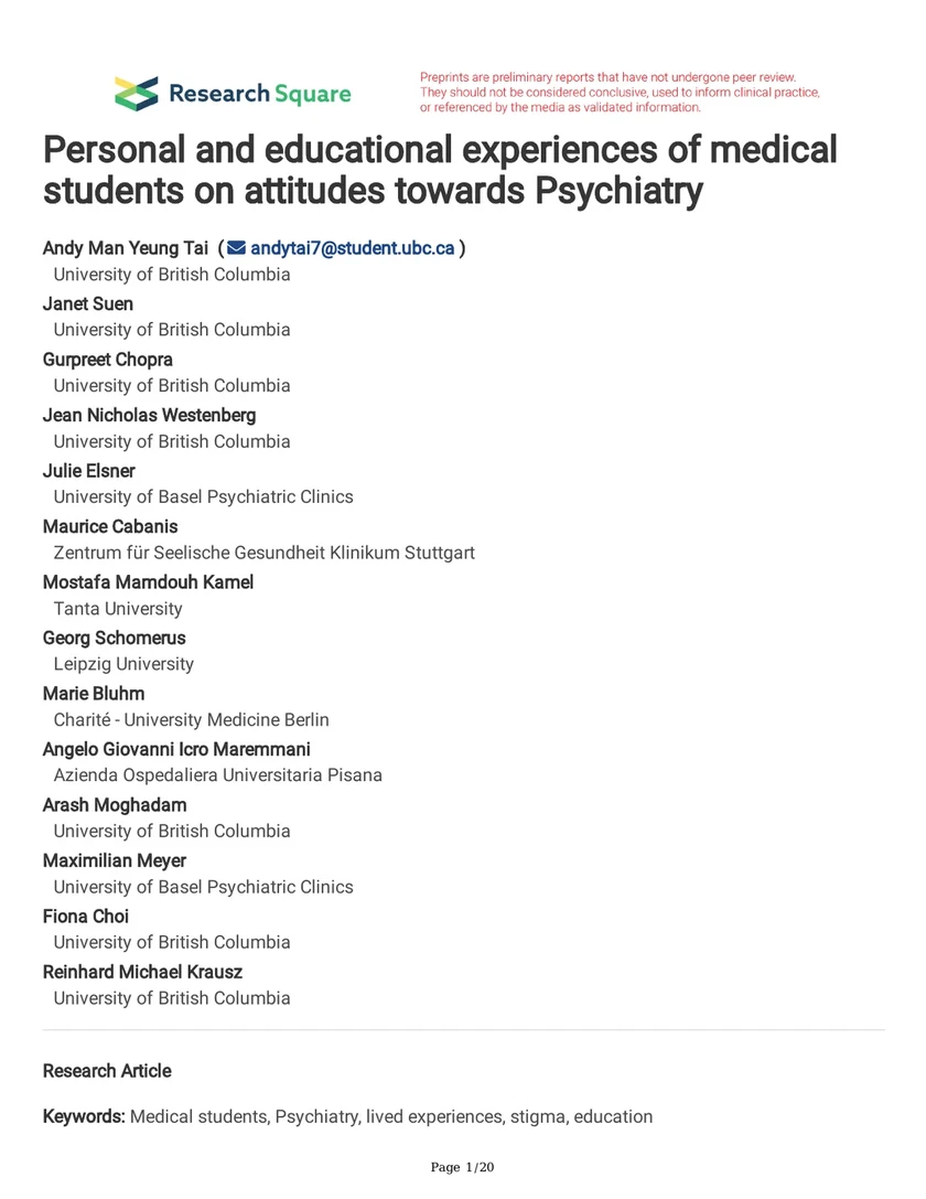 Personal and educational experiences of medical students on attitudes towards Psychiatry